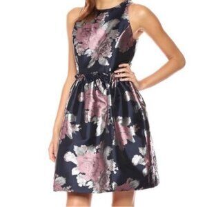 $138 Tahari Navy Blush Silver Floral Shimmer Metallic Brocade Dress Size 16